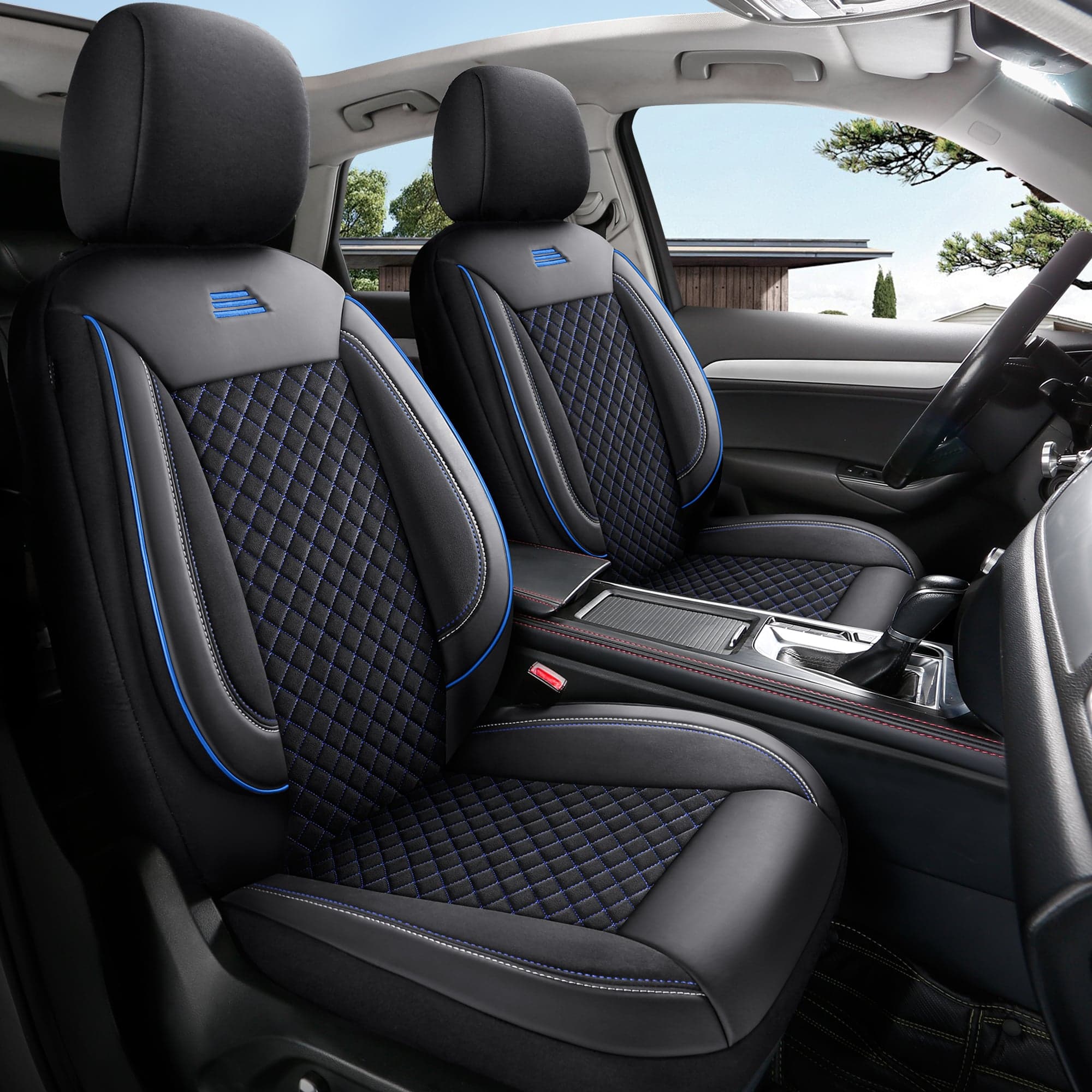 Autostoelhoezen voor Toyota Corolla E210 in pasvorm | Complete set of voorstoelen set | AIS Serie - Zwart met blauwe stiknaden