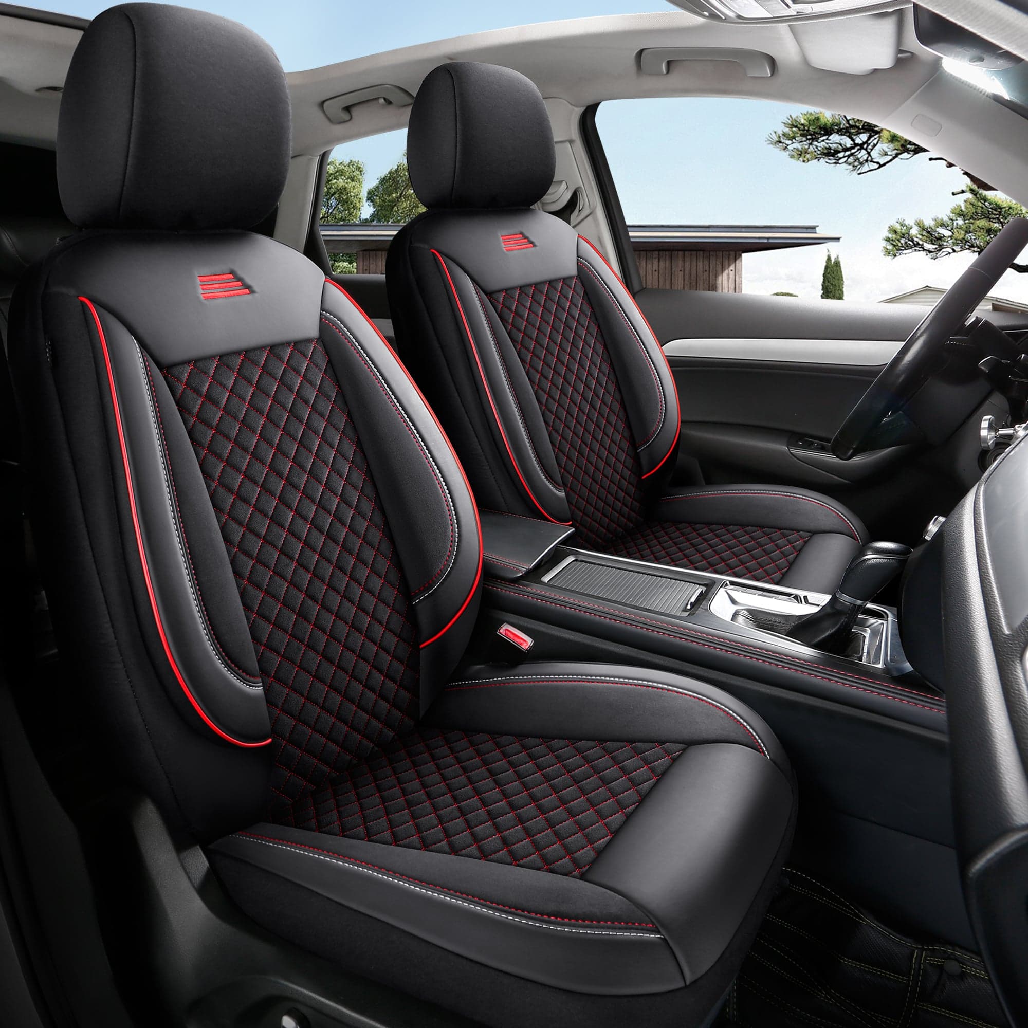 Autostoelhoezen voor Volkswagen Amarok in pasvorm | Complete set of voorstoelen set | AIS Serie - Zwart met rode stiknaden