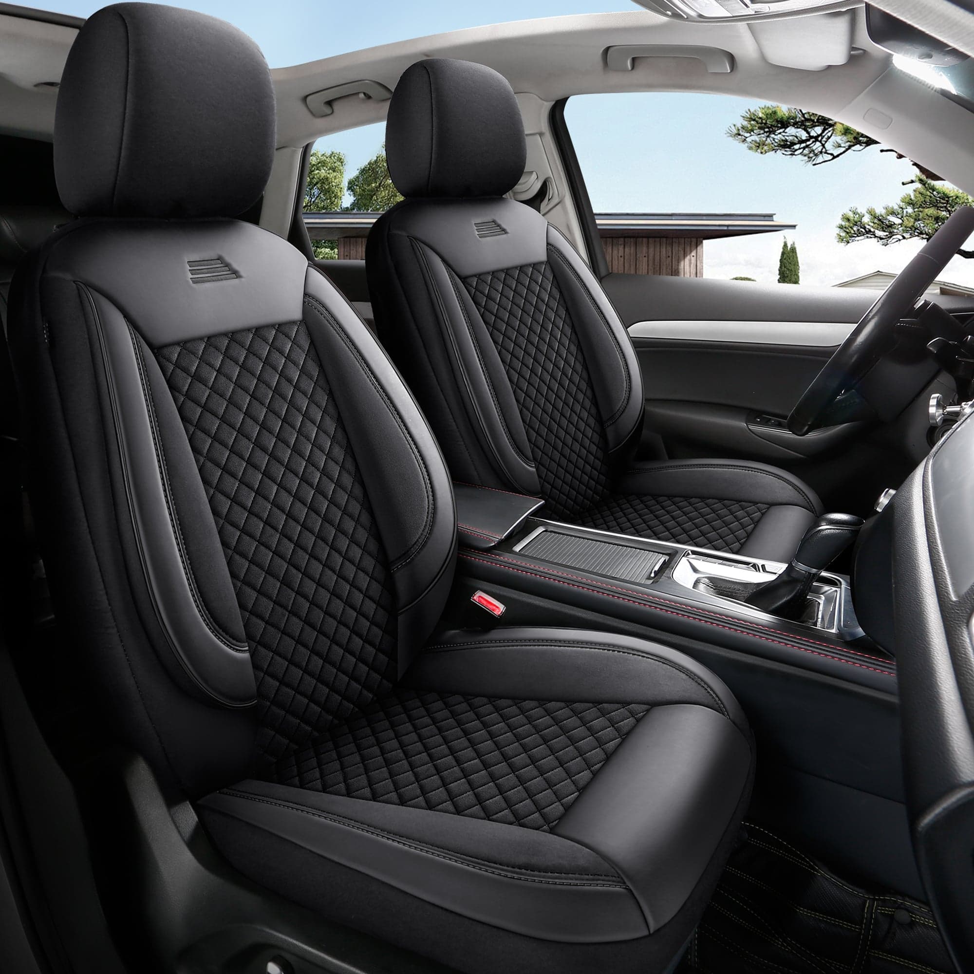Autostoelhoezen voor Volkswagen Golf 5 in pasvorm | Complete set of voorstoelen set | AIS Serie - Zwart met zwarte stiknaden