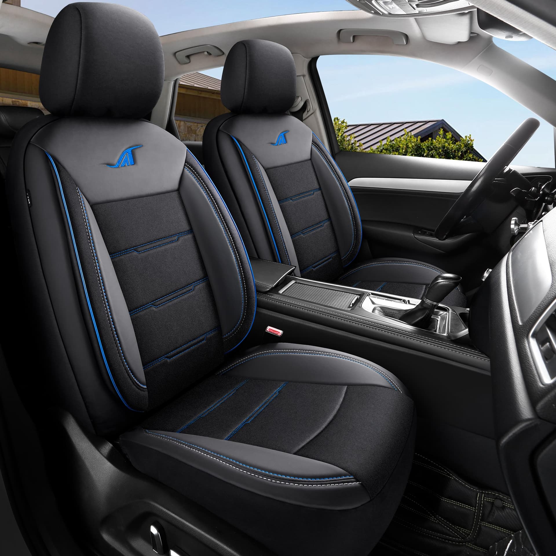 Autostoelhoezen voor Lexus IS 2 | Complete set of voorstoelen set | AIE Serie - Zwart met blauwe stiknaden