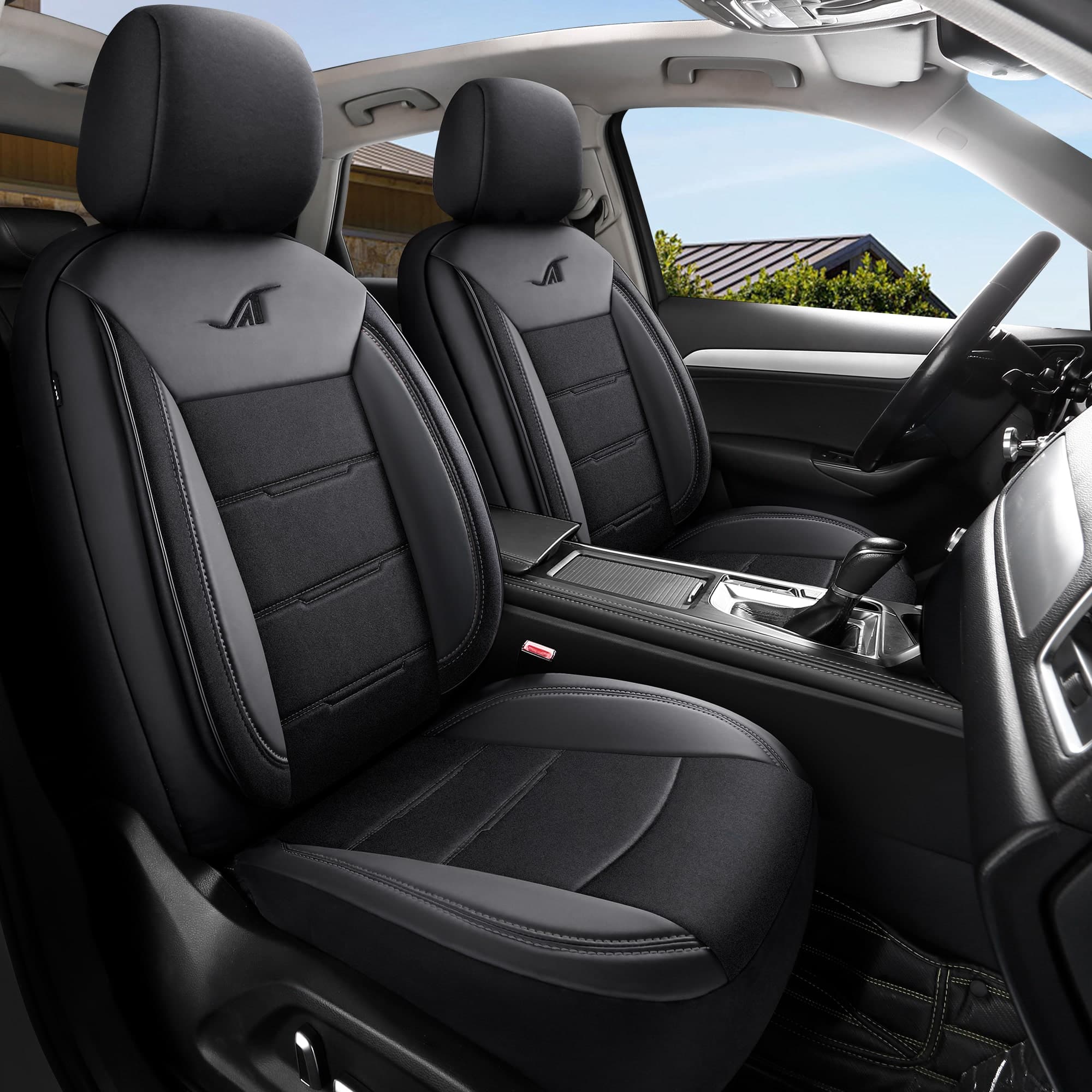Autostoelhoezen voor Lancia Thema | Complete set of voorstoelen set | AIE Serie - Zwart met zwarte stiknaden