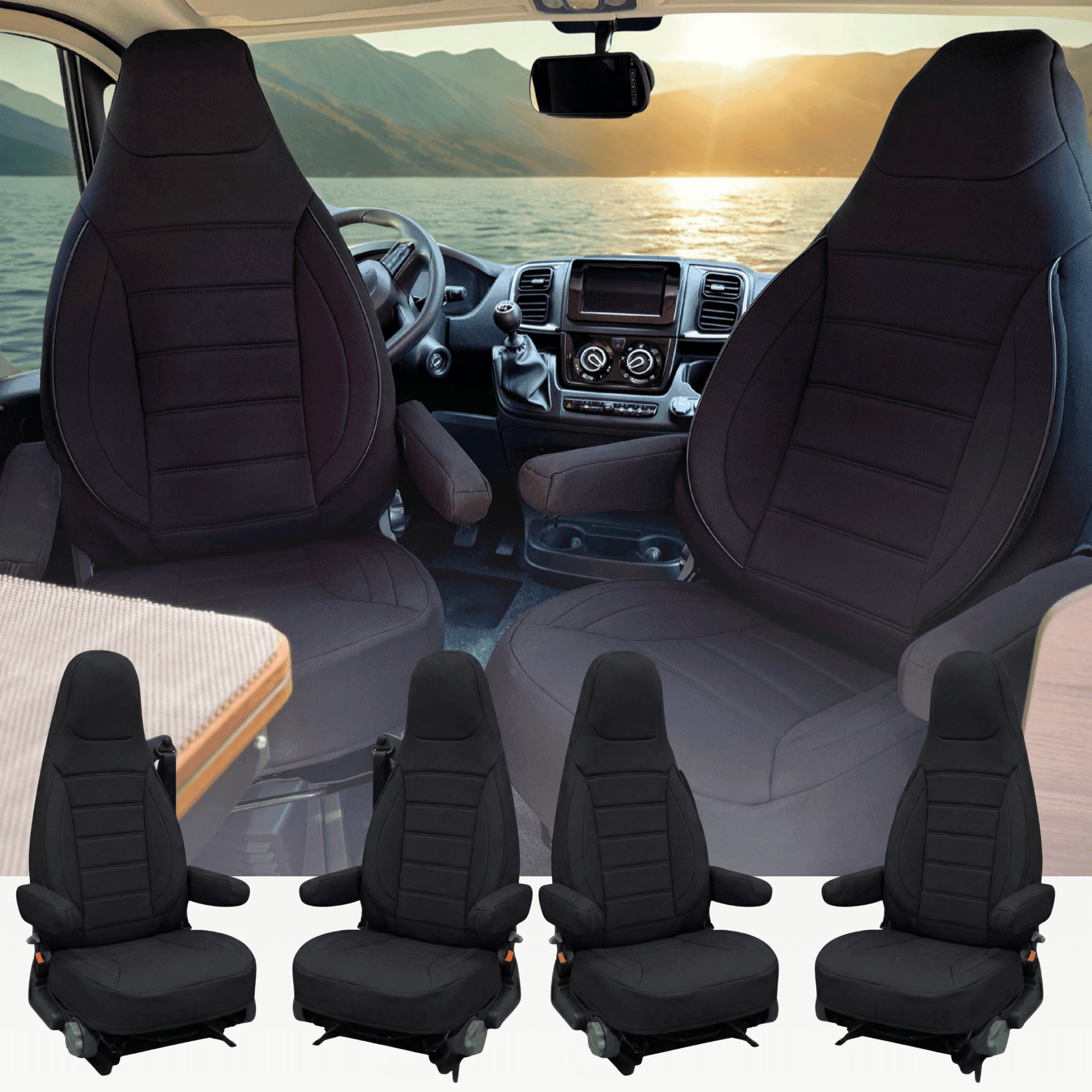 Camper stoelhoezen voor Fiat Ducato X250 | Met armleuning hoezen | Set van 2 | CBS - Zwart