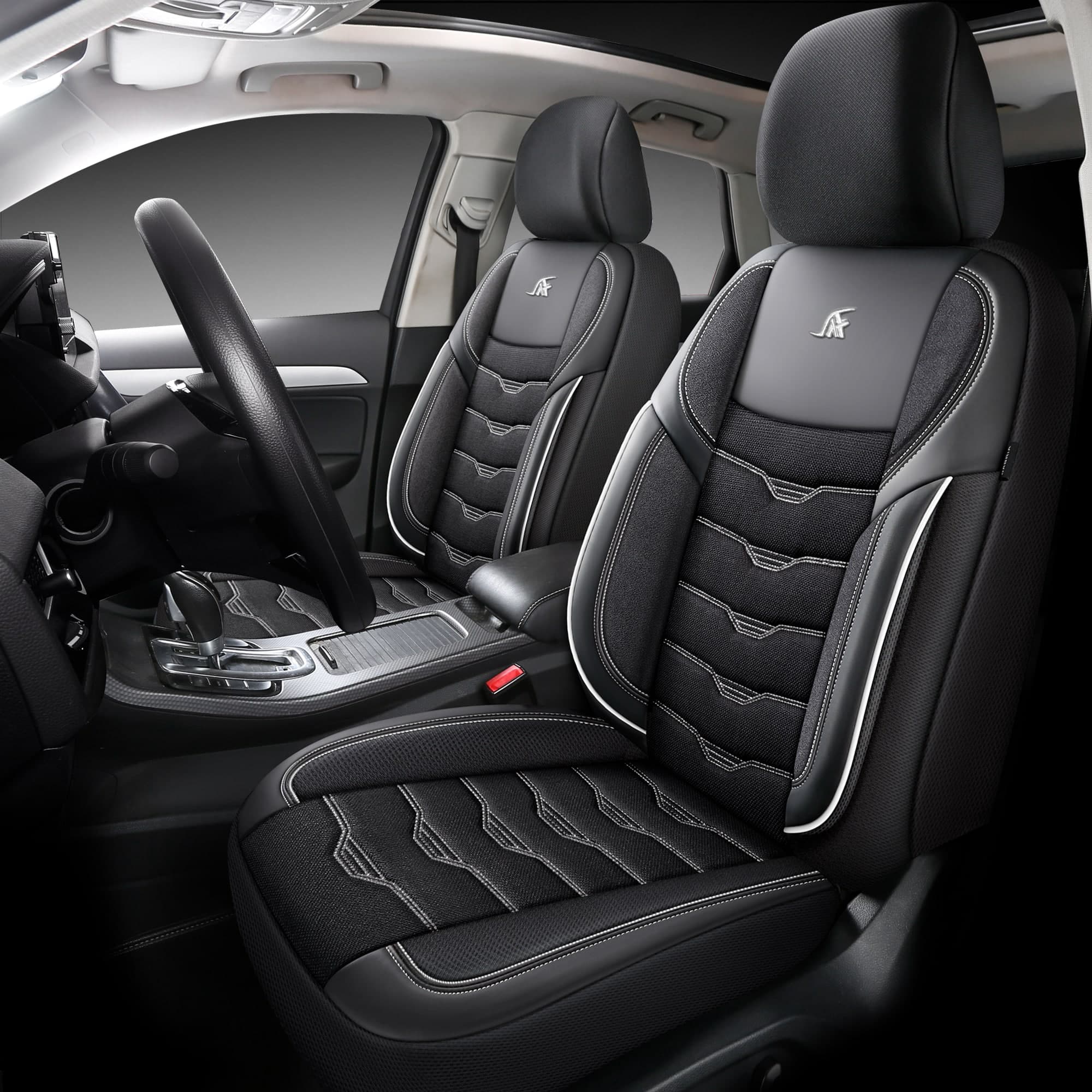 Autostoelhoezen voor Hyundai Getz | Complete set of voorstoelen set | AID Serie - Zwart met witte stiknaden