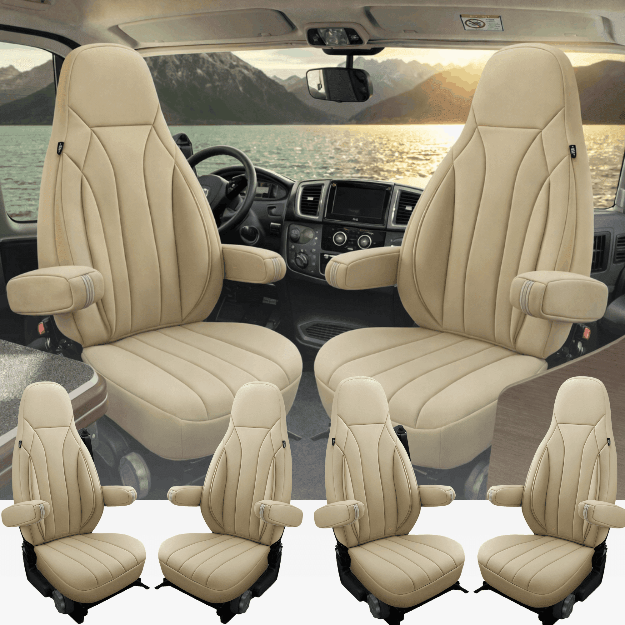 Camper stoelhoezen voor Chausson Flash | Met armleuning hoezen | Set van 2 | CIM2 Serie - Beige
