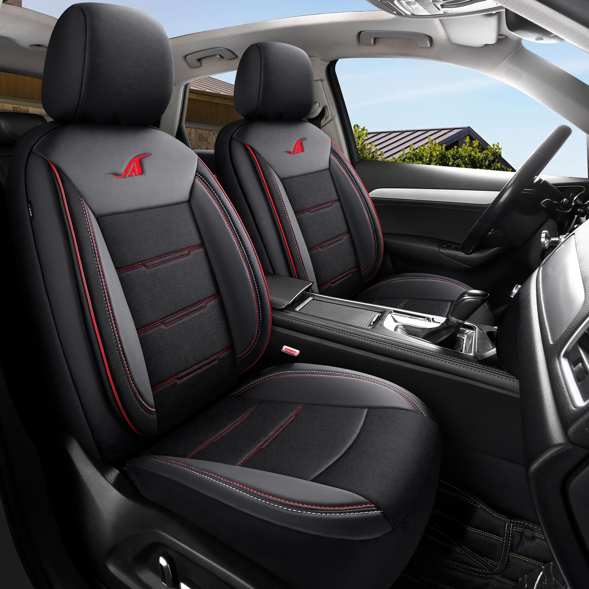 Autostoelhoezen voor Alfa Romeo Stelvio | Complete set of voorstoelen set | AIE Serie - Zwart met rode stiknaden