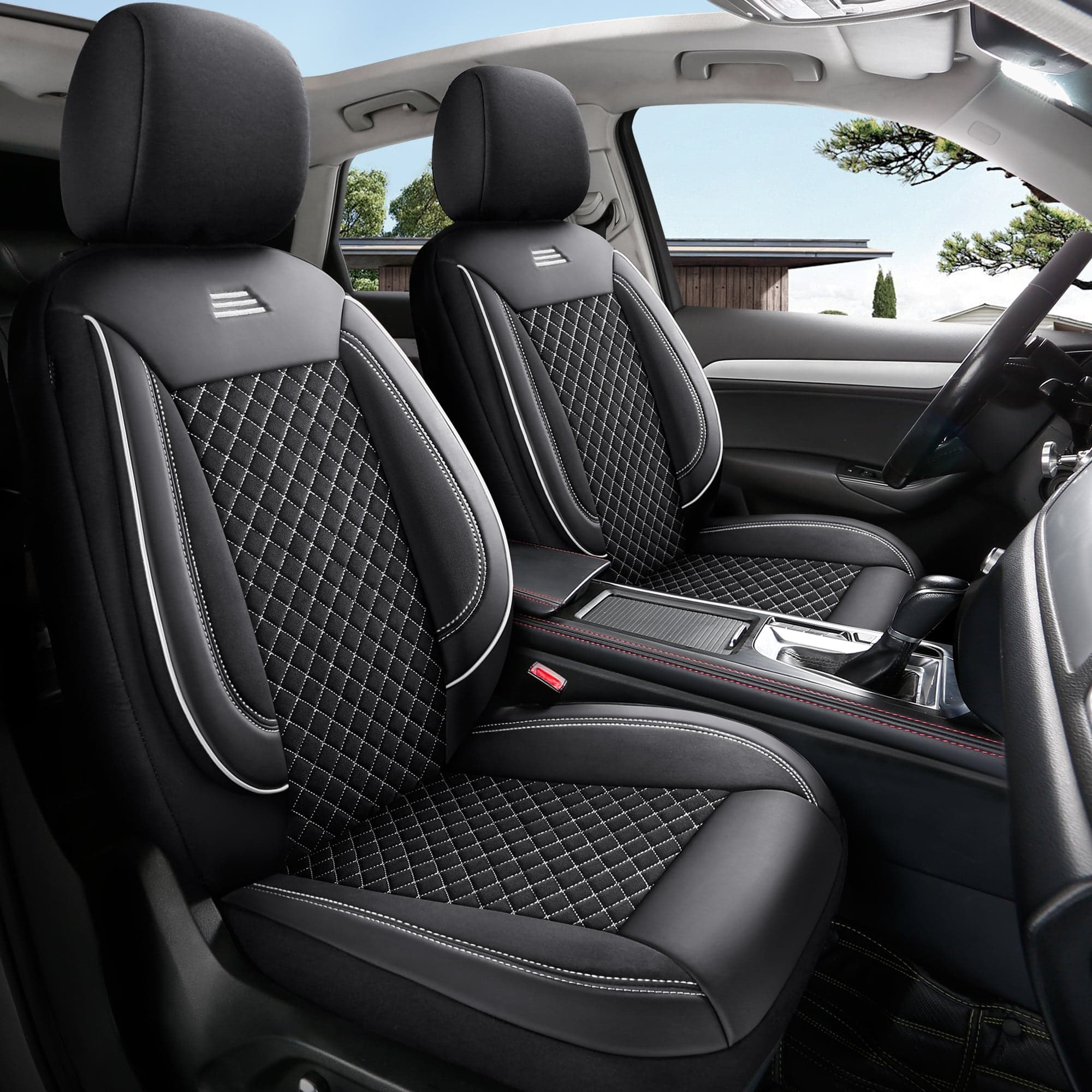 Autostoelhoezen voor Volkswagen Golf 8 v. in pasvorm | Complete set of voorstoelen set | AIS Serie - Zwart met witte stiknaden