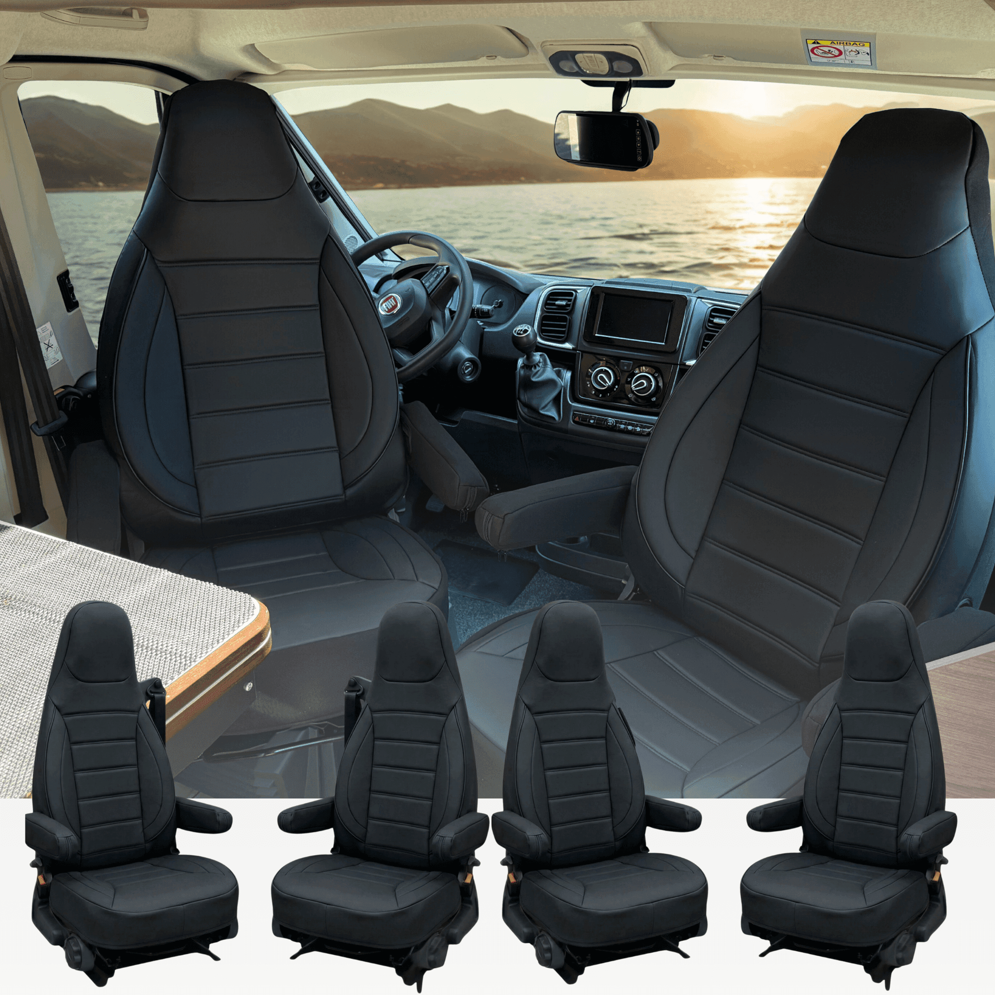 Camper stoelhoezen voor Fiat Ducato X250 | Met armleuning hoezen | Set van 2 | CBS - Zwart kunstleer