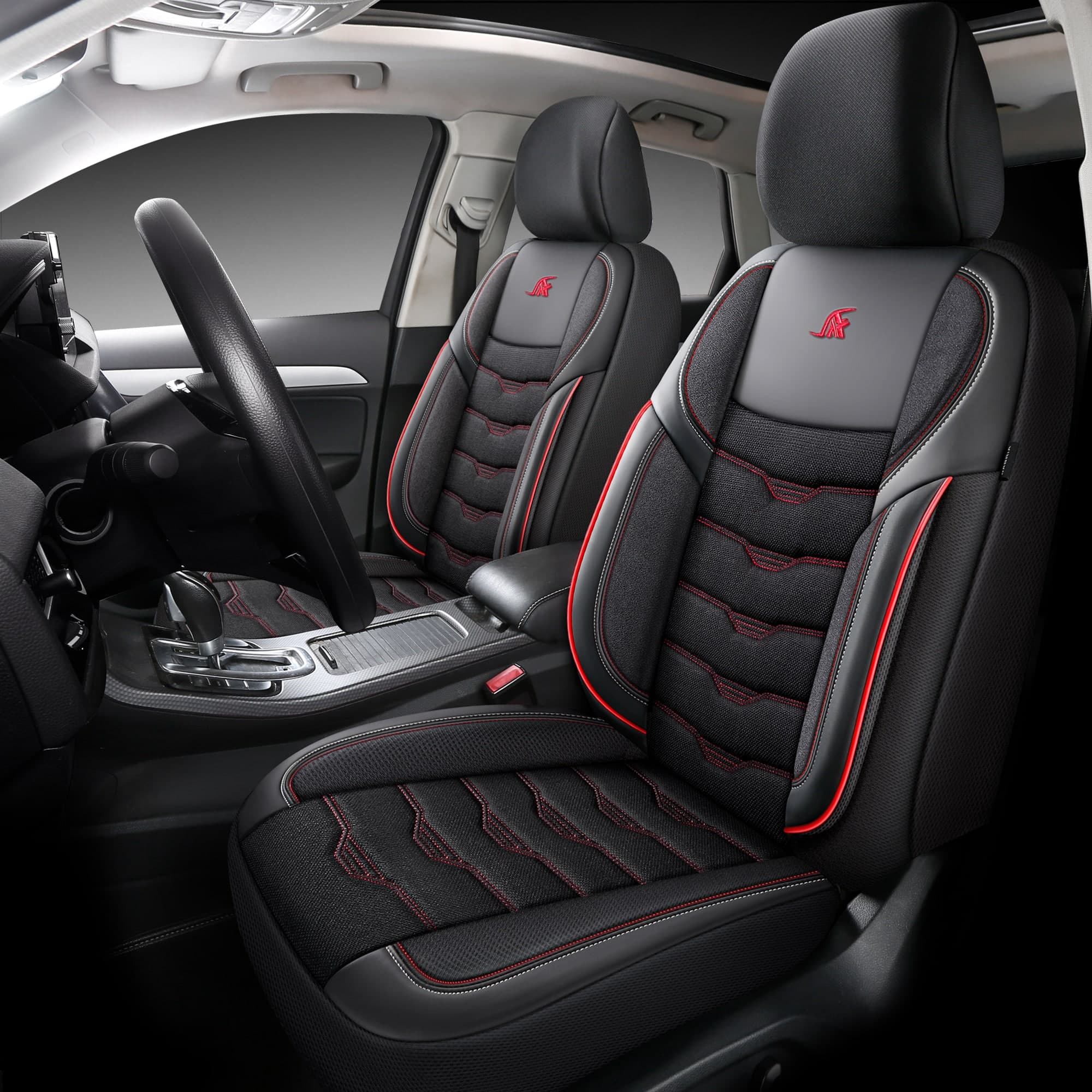 Autostoelhoezen voor Mazda 6 GG | Complete set of voorstoelen set | AID Serie - Zwart met rode stiknaden
