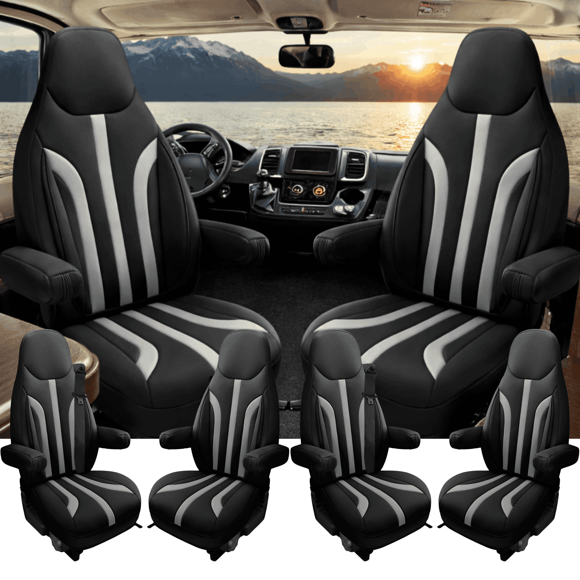 Camper stoelhoezen voor Adria Twin | Met armleuning hoezen | Set van 2 | CIM1 Serie - Zwart - Lichtgrijs