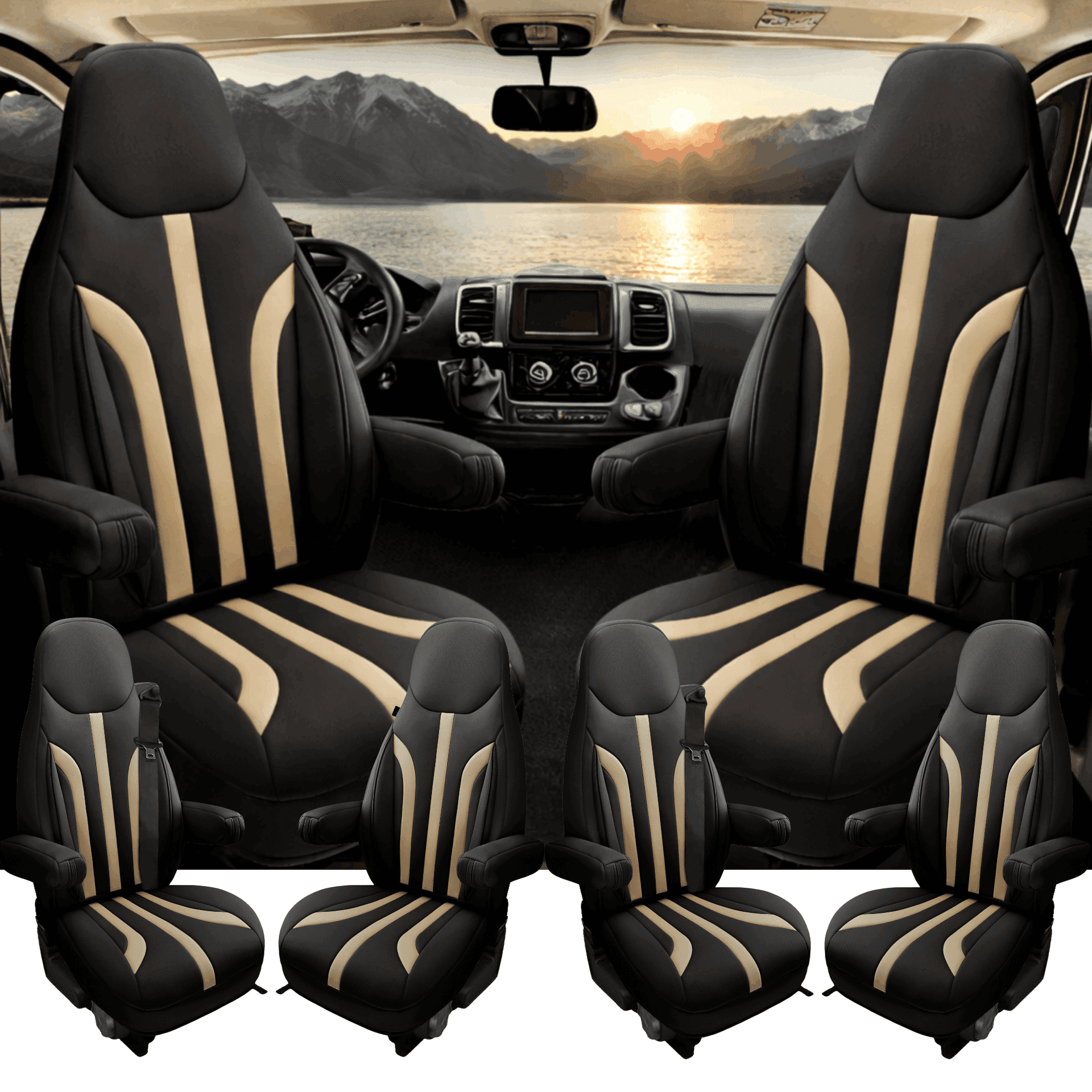 Camper stoelhoezen voor Adria Twin | Met armleuning hoezen | Set van 2 | CIM1 Serie - Zwart - Beige